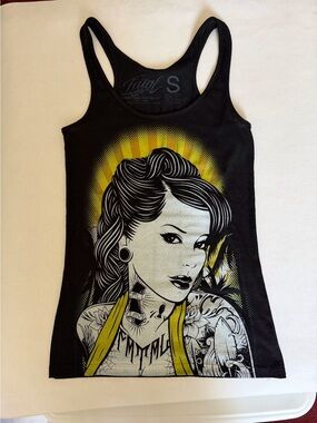 Black Graphic Racerback Tank Top with Yellow Accent by Fatal